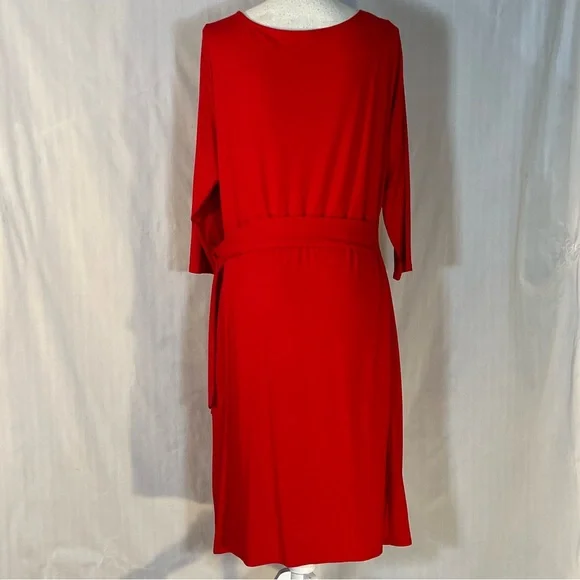 Ann Taylor Red Dress Jersey Drape Neckline Faux Wrap Tie MIDI 3/4 Sleeve EUC XL - Picture 4 of 8